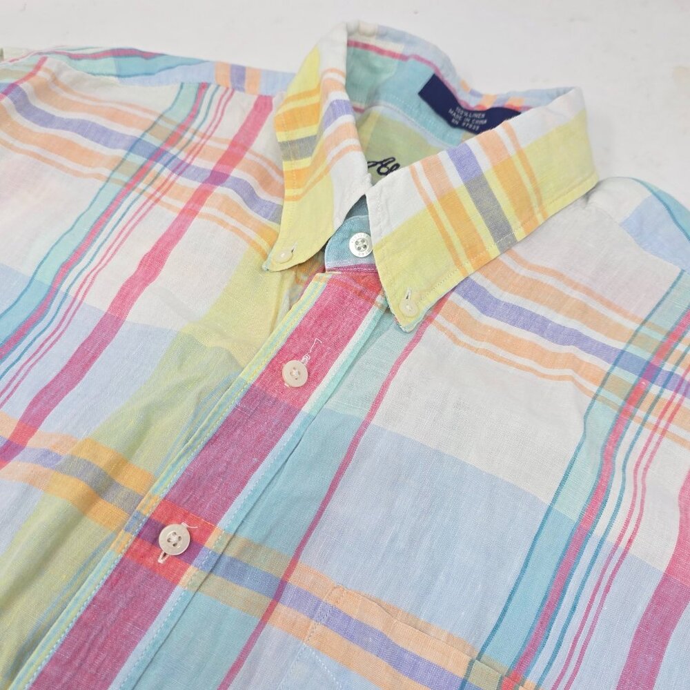 Alan Flusser Multicolor Plaid 100% Linen Short Sleeve Button Shirt Large L